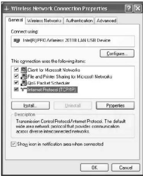 Wireless Network Connection Properties General Wireless Networks Authentication Advanced Connect using: Intel(R) PFD/Wireless 2011B LAN USB Device Configure... This connection uses the following items: Client for Microsoft Networks File and Printer Sharing for Microsoft Networks QoS Packet Scheduler Internet Protocol (TCP/IP) Install... Uninstall Properties Description Transmission Control Protocol/Internet Protocol. The default wide area network protocol that provides communication across diverse interconnected networks. Show icon in notification area when connected OK Cancel