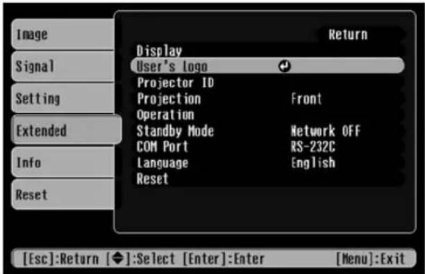 Image Signal Setting Extended Info Reset Display User's logo Projector ID Projection Front Operation Standby Mode Network OFF COM Port RS-232C Language English Reset Return [Esc]:Return [◆]:Select [Enter]:Enter [Menu]:Exit