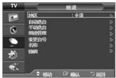 TV 频道 地区 : 中国 自动选台 手动选台 视频管理 变更台号 名称 微调 移动 确认 返回