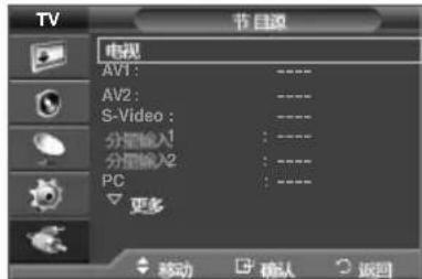TV 节目源 电视 AV1: ---- AV2: ---- S-Video: ---- 分量输入1: ---- 分量输入2: ---- PC: ---- 更多 移动 确认 返回