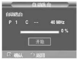 自动跳台 自动选台 P 1 C -- 40 MHz 0 % 开始 确认 返回