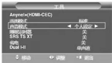 Anynet+(HDMI-CEC) 画面模式 声音模式 睡眠引擎器 SRS TS XT 省电 Dual I-II 标准 个人设定 关 关 关 单声道 移动 调整 退出