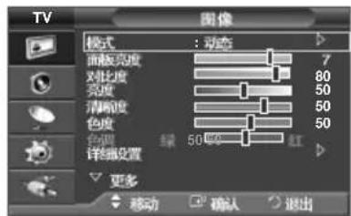TV 图像 模式：动态 面亮度 7 对比度 80 亮度 50 清晰度 50 色度 50 色调 绿 50% 详细设置 更多 移动 确认 退出