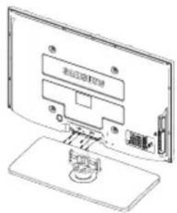 Technical diagram of a computer monitor with labeled components and a base mount, showing internal layout and status indicators.