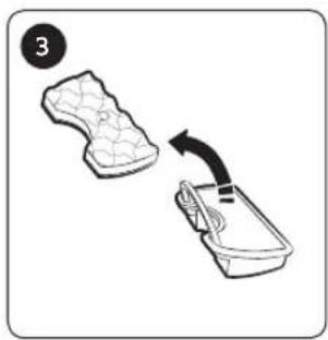Illustration of a hand holding a small object and a container with a curved arrow indicating rotation (no text or symbols)