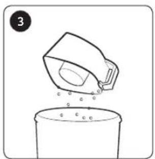 Simple line drawing of a bucket pouring liquid into a container (no text or symbols)