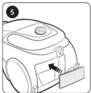 Line drawing of a vacuum cleaner's side panel with a handle and arrow indicator (no text or symbols)