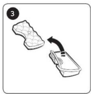 Illustration of a shoe being placed on a tray with a curved arrow indicating motion (no text or symbols)