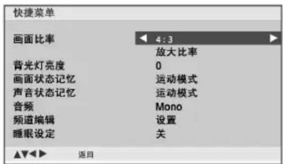 快捷菜单 画面比率 放大比率 背光灯亮度 0 画面状态记忆 运动模式 声音状态记忆 运动模式 音频 Mono 频道编辑 设置 睡眠设定 关 返回