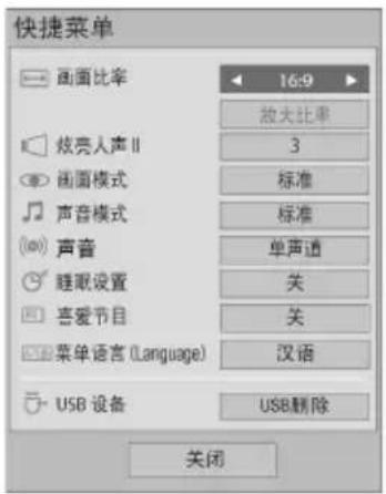 快捷菜单 画面比率 放大比率 3 标准 标准 声音模式 单声道 睡眠设置 关 喜爱节目 关 菜单语言 (Language) 汉语 USB 设备 USB删除 关闭
