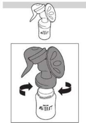 Diagram illustrating a spray bottle being dispensed into a container with rotating arrows indicating motion or rotation.