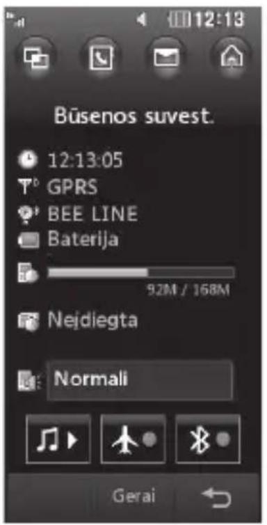 Būsenos suvest. 12:13:05 GPRS BEE LINE Baterija 92M / 168M Nejdiegta Normali Gerai