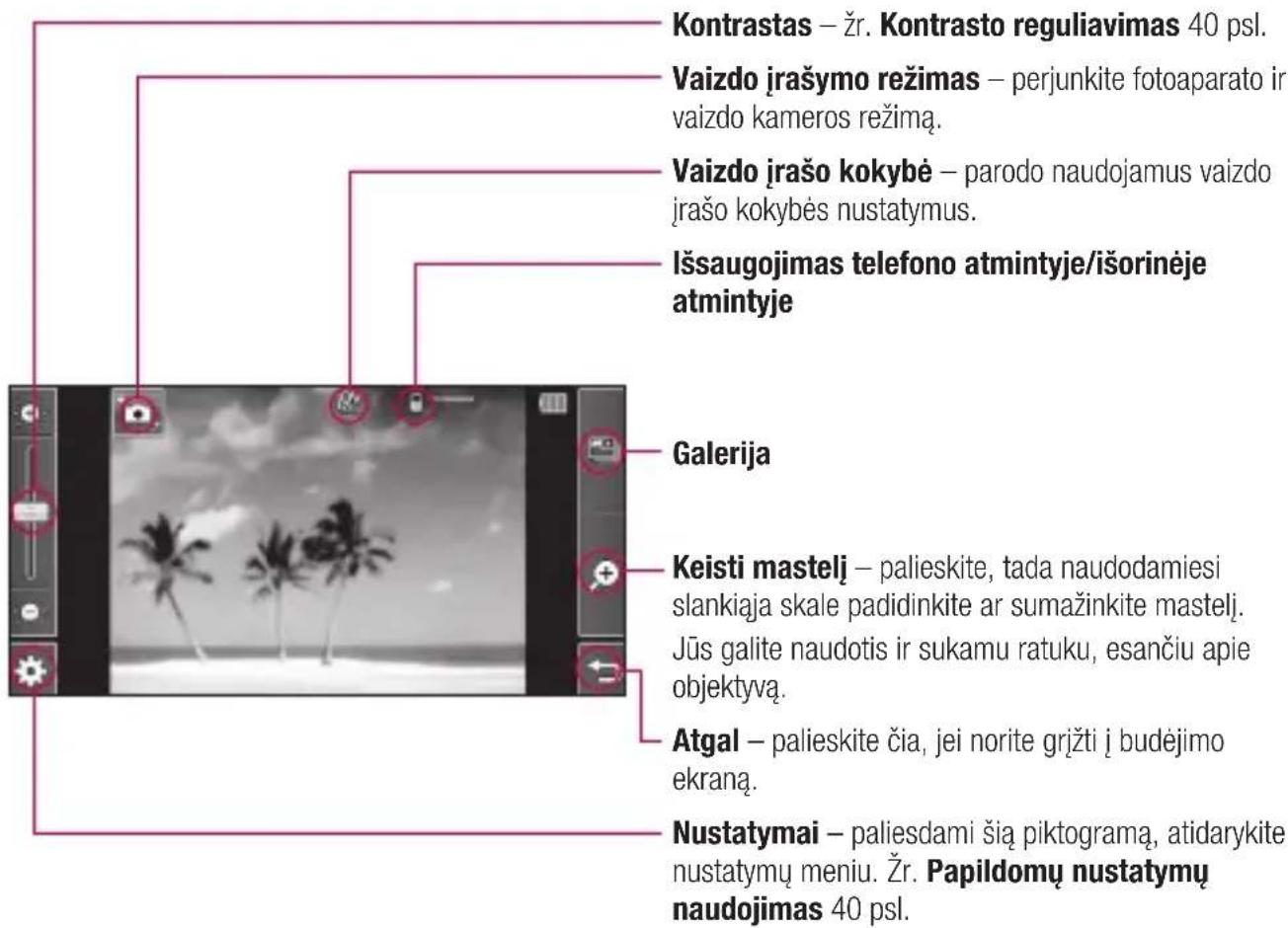 Kontrastas – žr. Kontrasto reguliavimas 40 psl. Vaizdo įrašymo režimas – perjunkite fotoaparato ir vaizdo kameros režimą. Vaizdo įrašo kokybė – parodo naudojamus vaizdo įrašo kokybės nustatymus. Išsaugojimas telefono atmintyje/išorinėje atmintyje Galerija Keisti mastelį – palieskite, tada naudodamiesi slankiaja skale padidinkite ar sumažinkite mastelį. Jūs galite naudotis ir sukamu ratuku, esančiu apie objektyvą. Atgal – palieskite čia, jei norite grįžti į budėjimo ekraną. Nustatymai – paliesdami šią piktogramą, atidarykite nustatymų meniu. Žr. Papildomų nustatymų naudojimas 40 psl.