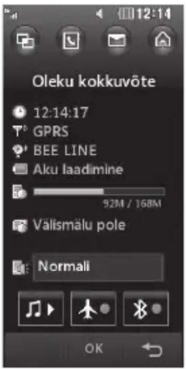 Oleku kokkuvõte 12:14:17 GPRS BEE LINE Aku laadimine 92M / 168M Välismälu pole Normali