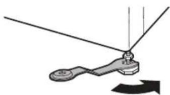 Mechanical linkage diagram showing a lever and pivot point with motion arrow (no text or symbols)