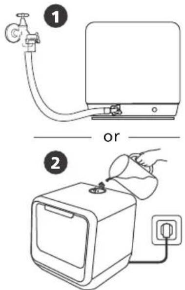 Diagram showing two steps of a water heater installation: one with a valve and labeled 'or', the other with a hand pouring liquid into a device.