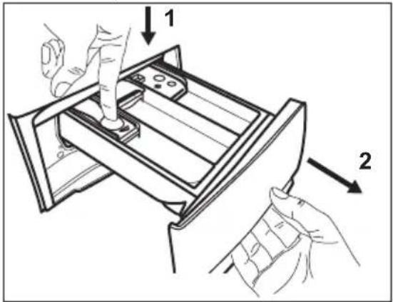 Technical diagram showing two hands operating a device with labeled components and directional arrows indicating movement or assembly.