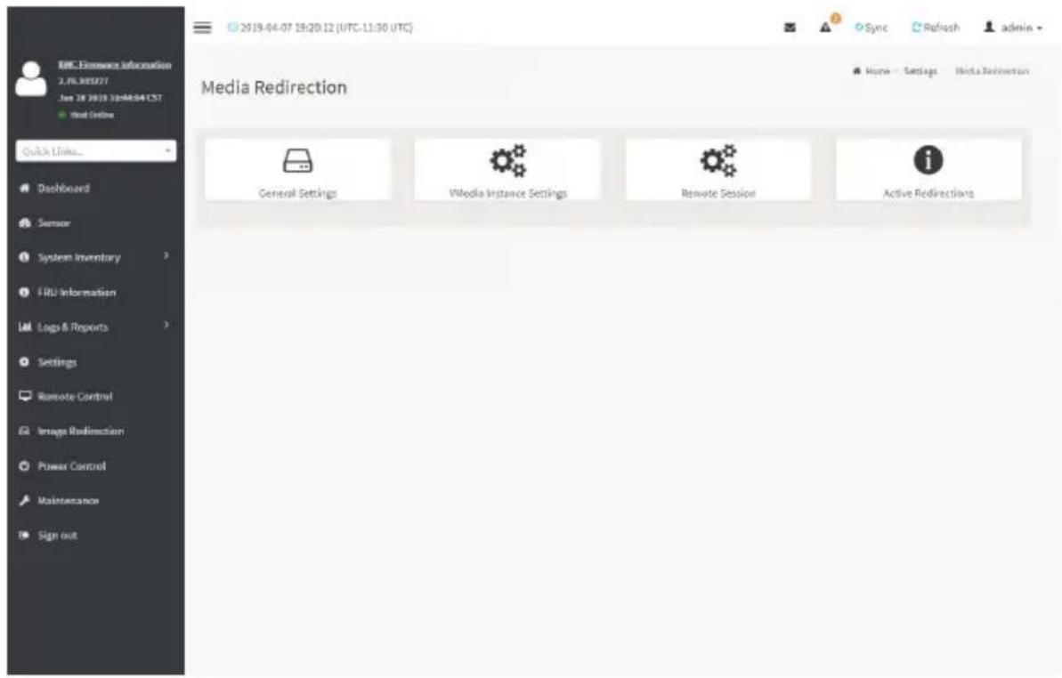EPC: Ecommerce Information 2.76.98527 Jun 18 2019 10:04:04 TST ● Next Online Quick Links... Dashboard Sensor System Inventory FNDI Information Logs & Reports Settings Remote Control Image Redirection Power Control Maintenance Sign out 2019-04-07 19:20:12 (UTC-11:30 UTC) Sync Refresh admin Media Redirection General Settings Media Instance Settings Remote Session Active Redirections