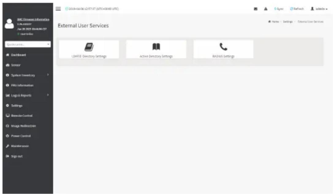 BAC-Chrome Information 2.NL10227 Jun 28 2015 10:44:04 CST Home Online Quick Launch... Dashboard Sensor System Inventory FRU Information Log & Reports Settings Remote Control Image RedirectView Power Control Maintenance Sign out External User Services LDA/FIE-Directory Settings Active Directory Settings RADIUS Settings Sync Reftech ackela Name - Settings - External User Services