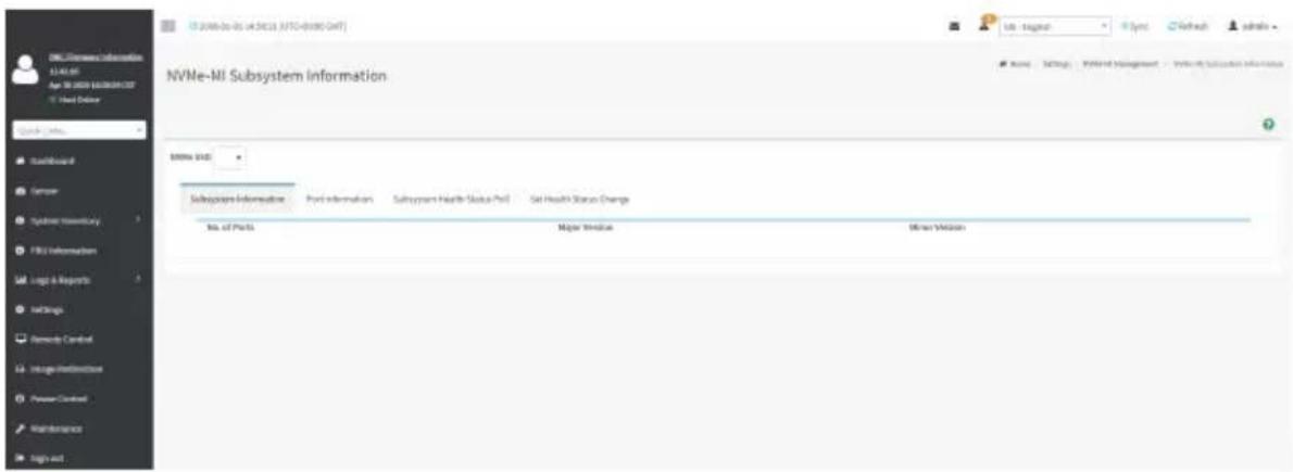 NVMe-MI Subsystem Information SNPs: 0.01 Subsystems Information Port information Subsystem Health Status Prof Set Health Status Change No. of Ports Major Version Minor Version