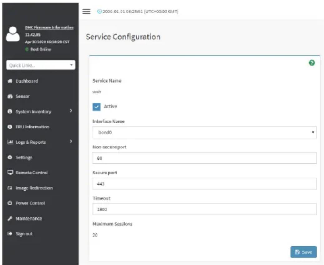 2000-01-01 06:25:51 (UTC+00:00 GMT) Service Configuration Service Name web ✓ Active Interface Name bond0 Non-secure port 80 Secure port 443 Timeout 1800 Maximum Sessions 20 Quick Links.. Dashboard Sensor System Inventory FRU Information Logs & Reports Settings Remote Control Image Redirection Power Control Maintenance Sign out