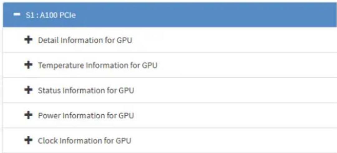 S1 : A100 PCIe + Detail Information for GPU + Temperature Information for GPU + Status Information for GPU + Power Information for GPU + Clock Information for GPU