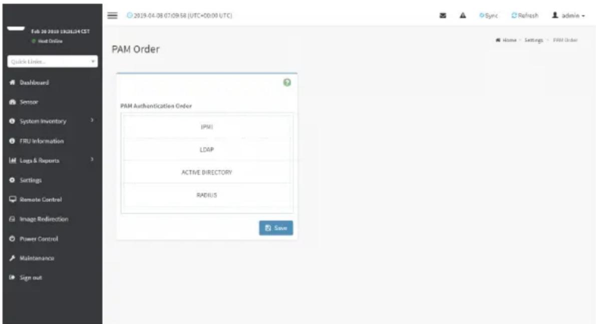2019-04-08 07:09:58 (UTC+00:00 UTC) PAM Order PAM Authentication Order IPMI LDAP ACTIVE DIRECTORY RADIUS Save