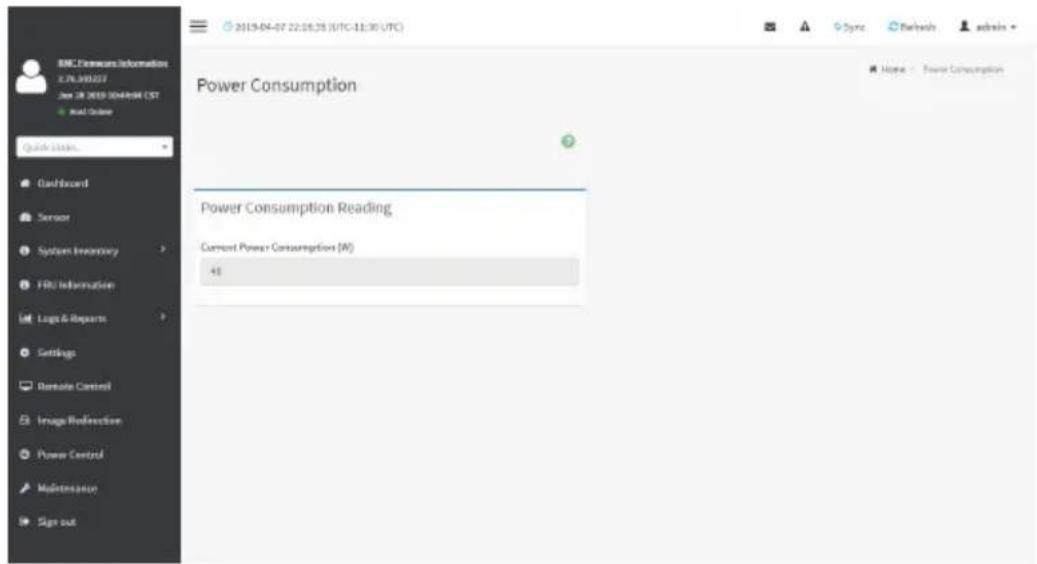BMC Express Information E:\JN.39027 Jun 28 2019 06/4/04 CST Mail Order Quick Listar... Dashboard Sensor System Inventory FIRU Information Maps & Reports Settings Remote Control Image Redirection Power Control Maintenance Sign out 2019-04-07 22:05:25 (UTC-12:30 UTC) Power Consumption Power Consumption Reading Current Power Consumption (W) 40
