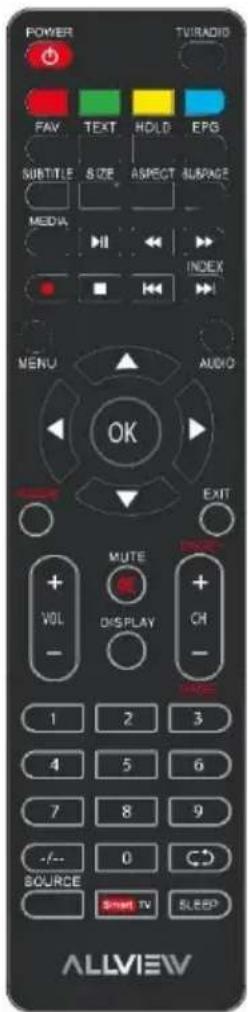 POWER TVRADIO FAV TEXT HOLD EPG SUBTITLE SIZE ASPECT ALPAGE MEDIA INDEX MENU AUDIO OK EXIT MUTE + VOL DISPLAY - CH - 1 2 3 4 5 6 7 8 9 -/- 0 SOURCE Smart TV SLEEP ALLVIEW