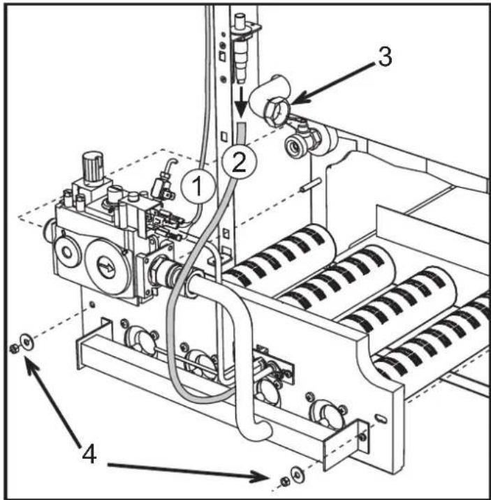 Technical diagram of a mechanical assembly with numbered components and directional arrows indicating motion or flow.