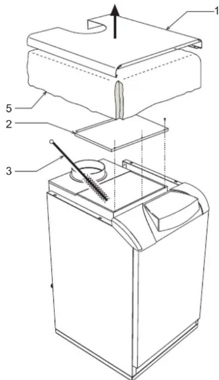 Technical diagram of a mechanical device with numbered components and directional arrows indicating assembly or movement.