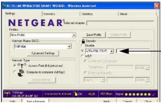 NETGEAR WNDA 3100 SMART WIZARD - Wireless Assistant Settings Networks Statistics About Selected Adapter: Profiles New Profile Network Name (SISD) YaBridge Advanced Settings Network Type Access Point (Inf a structure) Computer to-computer (Ad Hoc) Private Ad Hoc Save Profile Delete Profile Security Disable WPA-FSK (TKP) WEP Create Web Capture Palaphrase 64 Bits Enter Key Manual Top Up 64 Bits YaBridge (00.1B,2F-BI-BF-92) Connected to Internet Ch: 40,35 162 Mbps Signal Help Find a Network Apply Cancel Close