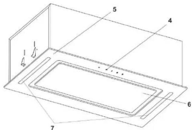 Technical diagram of a 3D rectangular enclosure with numbered components labeled 1 through 7.