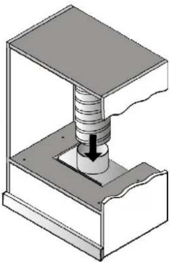 3D diagram of a mechanical press or clamping device with a downward arrow indicating compression (no text or symbols present)