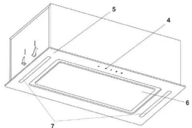 Technical diagram of a 3D rectangular chamber with numbered components and internal features marked.