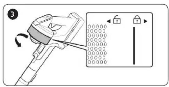 Diagram showing a device with a lock and padlock, labeled with number 3 and directional arrows indicating rotation or movement.