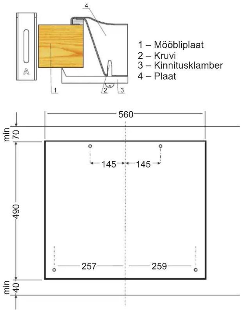 1 - Mööbliplaat 2 - Kruvi 3 - Kinnitusklamber 4 - Plaat 560 70 145 145 490 257 259 min 40 min