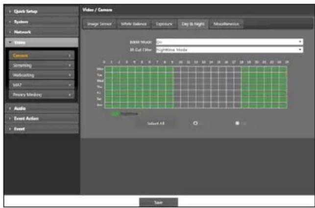 Quick Setup System Network Video Camera Screening Webcoding MAT Binary Minding Audio Event Action Event Video / Camera Image Setup Write Balance Exposure Day & Night Miscellaneous Basis Mode: On Bil Cat Filter: Nighttime Mode Select All Save