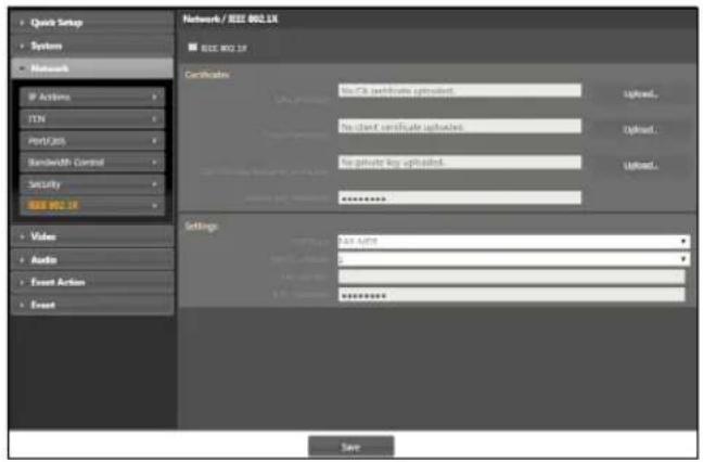 Quick Setup System Network Actions ITN PortLabs Bandwidth Control Security IEEE 802.1X Video Audio Event Action Event Network / IEEE 802.1X Certificate No C# certificate uploaded. Upload... No client certificate uploaders. Upload... No private key uploaders. Upload... Settings Air Airline Air Airline Air Airline Air Airline Air Airline Air Airline Air Airline Air Airline Air Airline Air Airline Air Airline Air Airline Air Airline Air Airline Air Airline Air Airline Air Airline Air Airline Air Airline Air Airline Air Airline Air Airline Air Airline Air Airline Air Airline Air AirLine