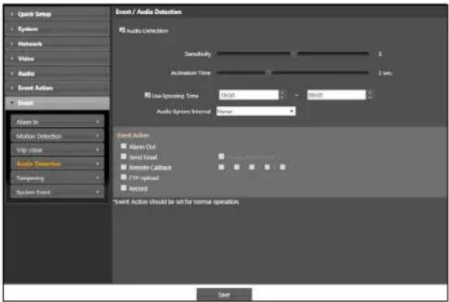 Quick Setup Systems Network Video Audio Event Action Event Alarm In Motion Detection Trip-time Audio Detection Targeting System Event Event / Audio Detection Audio Detection Sensitivity 2 Acceleration Time 1 sec. Use Spreading Time Break > Break Audio frame Interval None Event Action Alarm Out Send Real Remote Callback FTP-upbound Record Test Action should be set for normal operation Save