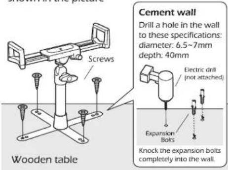 Cement wall Drill a hole in the wall to these specifications: diameter: 6.5~7mm depth: 40mm Electric drill (not attached) Expansion Bolts Knock the expansion bolts completely into the wall. Wooden table