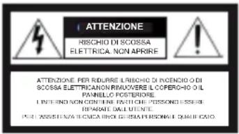 ATTENZIONE RISCHIO DI SCOSSA ELETTRICA NON APRIRE ATTENZIONE PER RIDURE LIRISCHIO DI INCENDO DI SCOSSA ELETTRICANON RIMUovereLE L'OPERCHO O IL PANBLLO POSTERORE L'INTERNO NON CONTENZE PARTICI CHE PONSORI ESSEIRE REPARATE DALL'UTENTE PER ASSISTENZA TECNICA INDI GIBNA PERSONALE QUADTO FOLO