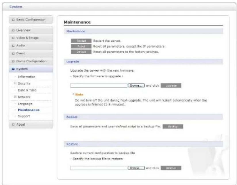 System Basic Configuration Live View Video & Image Audio Event Dome Configuration System Information Security Date & Time Network Language Maintenance Support About Maintenance Restart Restart the server. Reset Reset all parameters, except the IF parameters. Default Reset all parameters to the facto…