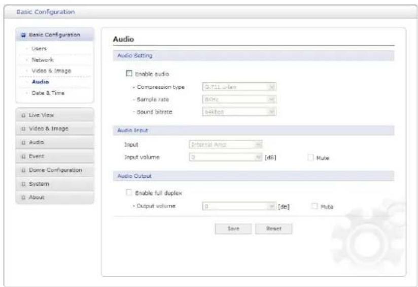 Basic Configuration Basic Configuration Users Network Video & Image Audio Date & Time Live View Video & Image Audio Event Domie Configuration System About Audio Audio Setting Enable audio - Compression type 3.711 u-law - Sample rate 80Hz - Sound bitrate 64kbps Audio Input Input Internal Anti Input v…