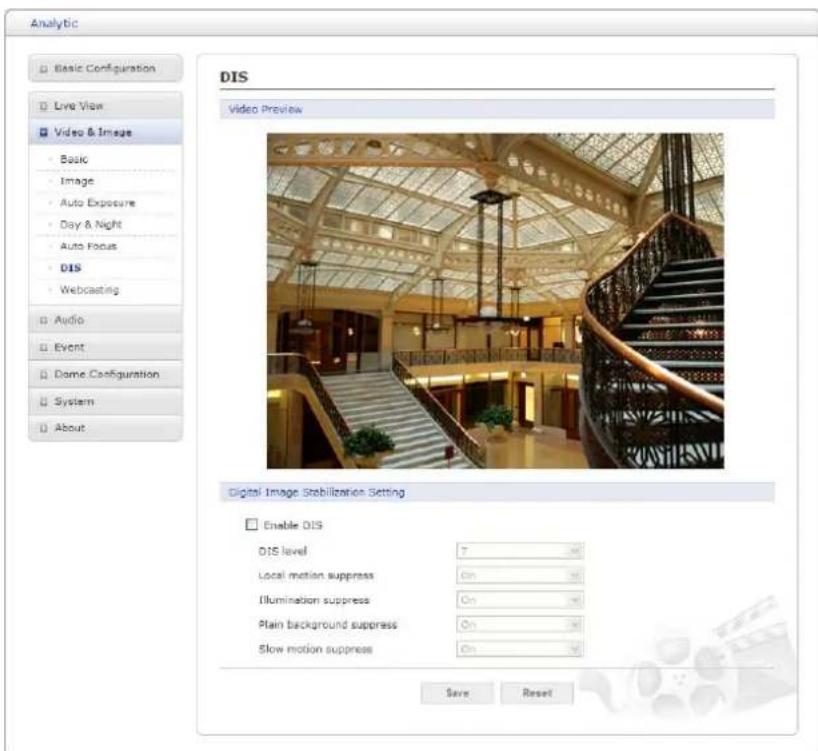 Analytic Basic Configuration Live View Video & Image Basic Image Auto Exposure Day & Night Auto Focus DIS Webcasting Audio Event Dome Configuration System About DIS Video Preview Digital Image Stabilization Setting Enable DIS DIS level 7 Local motion suppress On Illumination suppress On Plain backgr…