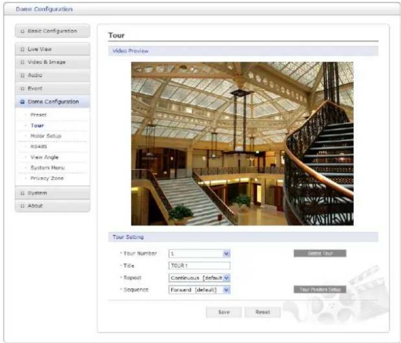Dome Configuration Basic Configuration Live View Video & Image Audio Event Dome Configuration • Preset • Tour • Motor Setup • RS485 • View Angle • System Menu • Privacy Zone • System • About Tour Video Preview Tour Setting • Tour Number 1 • Title TOUR 1 • Repeat Continuous [default] • Sequence Forwa…