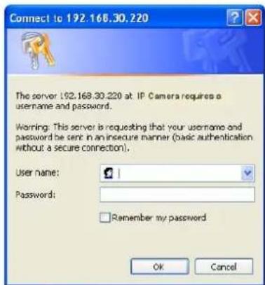 Connect to 192.168.30.220 The server 192.168.30.220 at IP Camera requires a username and password. Warning: This server is requesting that your username and password be sent in an insecure manner (basic authentication without a secure connection). User name: Password: Remember my password OK Cancel