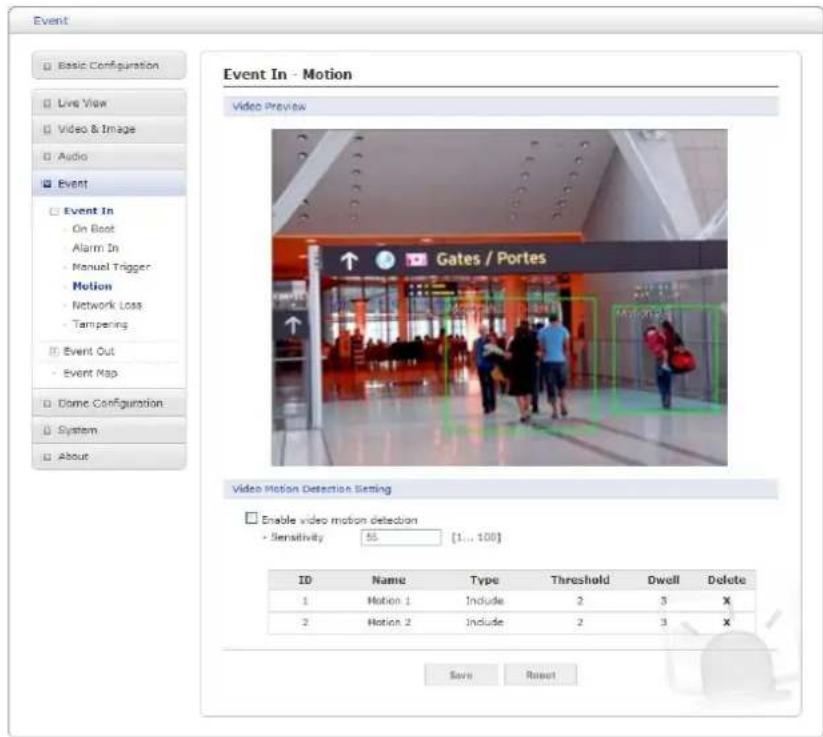 Event Basic Configuration Live View Video & Image Audio Event Event In On Boot Alarm In Manual Trigger Motion Network Loss Tampering Event Out Event Map Dome Configuration System About Event In - Motion Video Preview Gates / Portes Video Motion Detection Setting Enable video motion detection Sensiti…