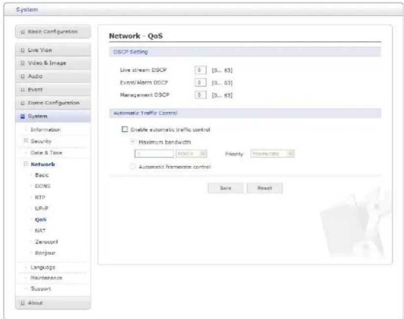 System Basic Configuration Live View Video & Image Audio Event Bome Configuration System Information Security Date & Time Network Basic DDNS RTP UPnP QoS NAT Zeroconf Bonjour Language Maintenance Support About Network - QoS DSCP Setting Live stream DSCP 0 [0... 63] Event/Alarm DSCP 0 [0... 63] Manag…