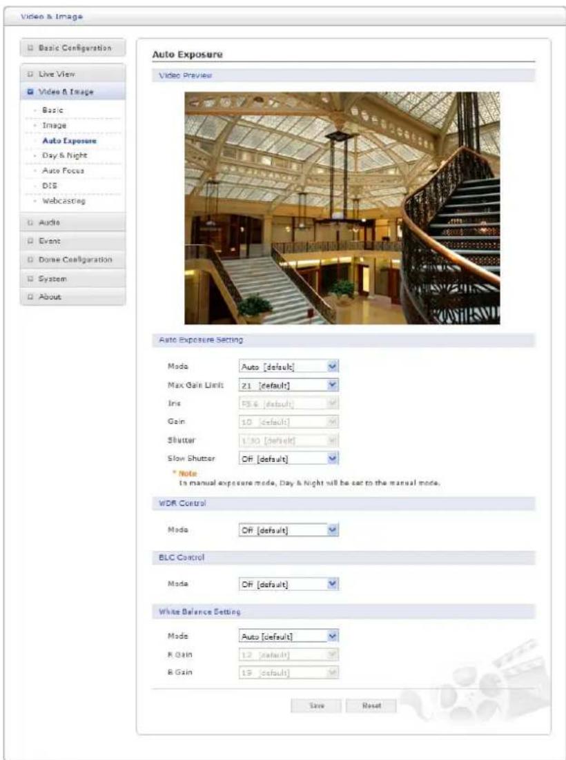 Video & Image Basic Configuration Live View Video & Image Basic Image Auto Exposure Day & Night Auto Focus DIS Webcasting Audio Event Dome Configuration System About Auto Exposure Video Preview Auto Exposure Setting Mode Auto [default] Max Gain Limits 21 [default] Iris PS6 [default] Gain 10 [default…